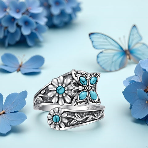 Sterling Silver Turquoise Hummingbird Butterfly Sunflower Adjustable Spoon Ring