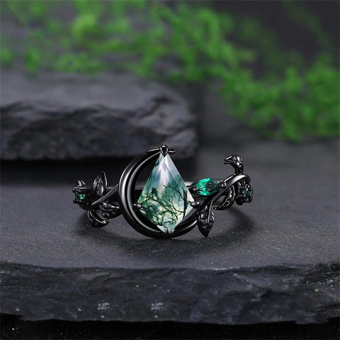 Sterling Silver 10K 14K 18K Gold Natural Leaf  Moss Agate Engagement Anniversary Couple Ring Sets