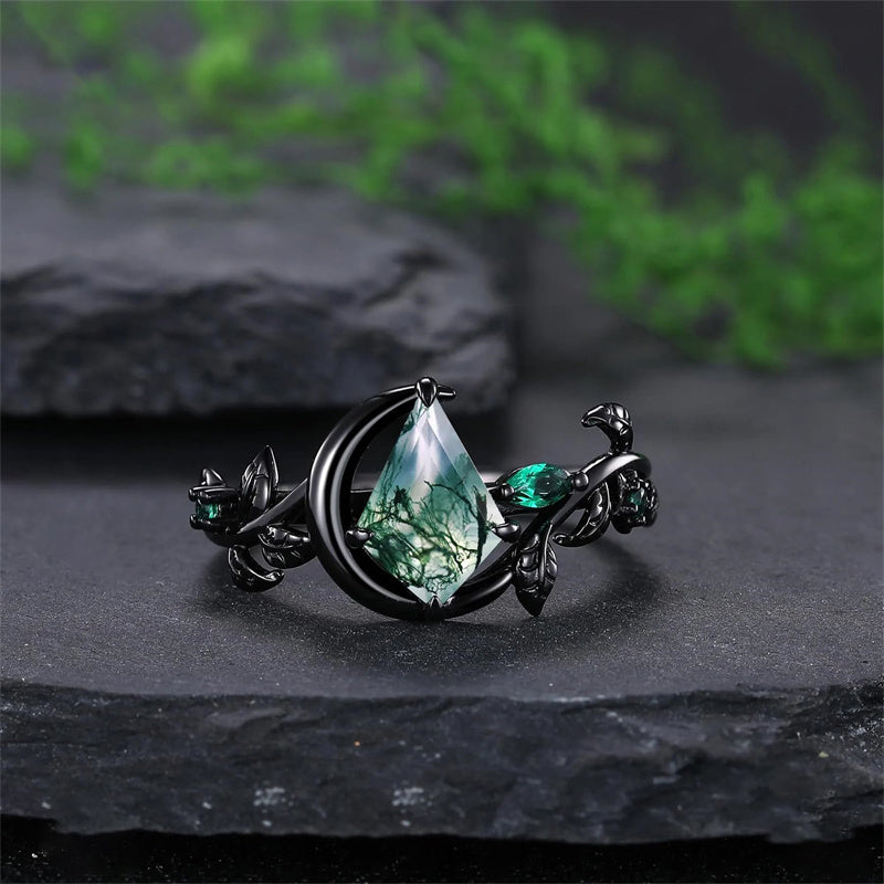Sterling Silver 10K 14K 18K Gold Natural Leaf  Moss Agate Engagement Anniversary Couple Ring Sets