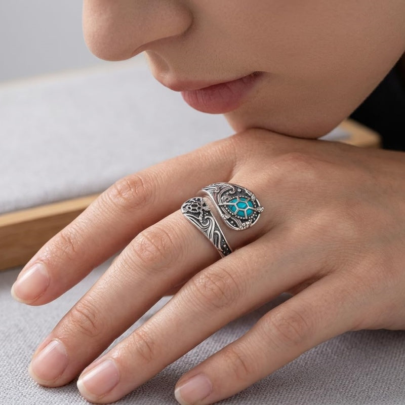 Sterling SilverMustard Seed Turtle Ocean Butterfly Dragonfly Turquoise Adjustable  Spoon Ring Spoon Jewelry for Women