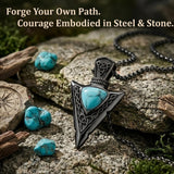 14K Gold Plated Moss Agate Turquoise Valknut Viking Arrow Head Pendant Necklace for Men