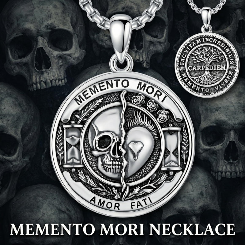 Sterling Silver Memento Mori Gothic Skull Amulet Pendant Necklace for Men