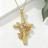 Birthston Butterfly Rose 14K Plated Gold Cross Pendant Necklace for Women