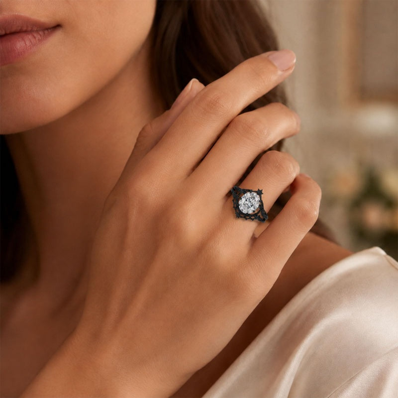 Sterling Silver 10K 14K 18K Gold Moissanite Gothic Black  Engagement Wedding Ring  for Women Halloween Gift