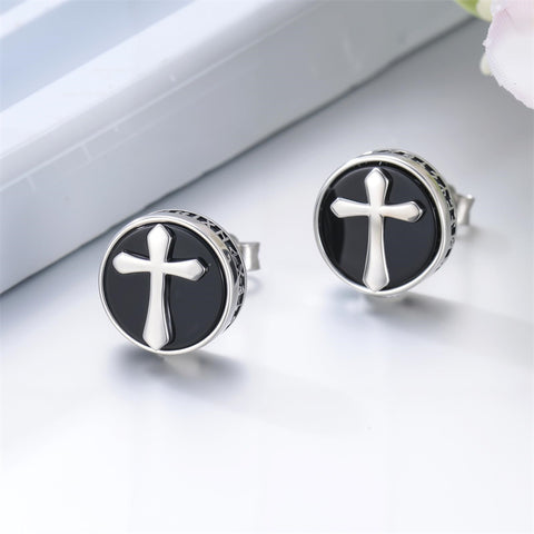 Sterling Silver Black Onyx Tree of Life Ankh Cross Skull Valknu Viking Stud Earrings