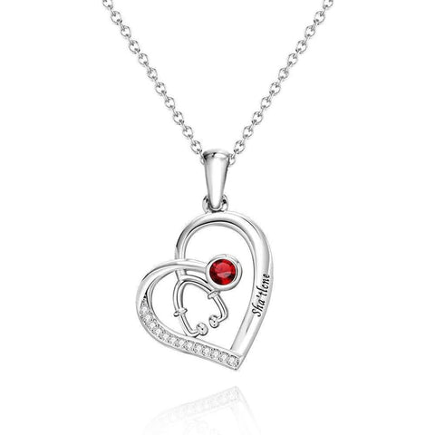 10K 14K 18K Gold Birthstone Stethoscope Pendant Necklace