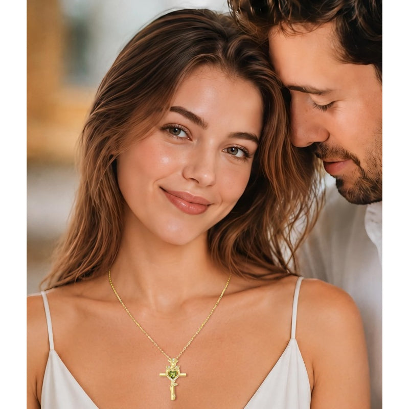 14K Gold Plated Birthstone Rose Cross Necklace for Women Faith Jewelry Gift