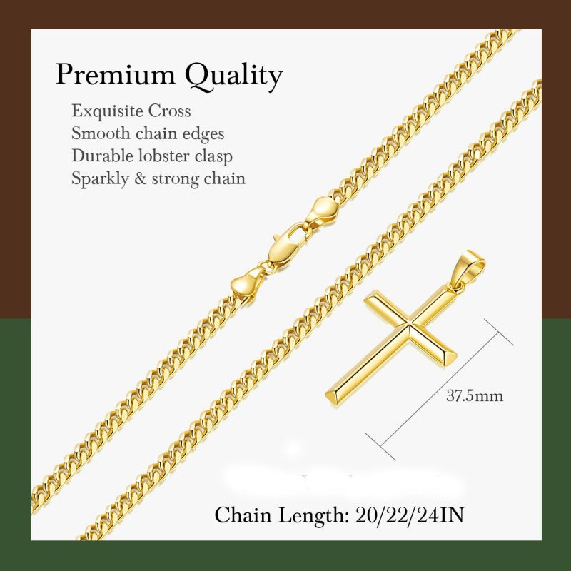 14K Gold Plated Cross Necklace with Cuban Chain for Men