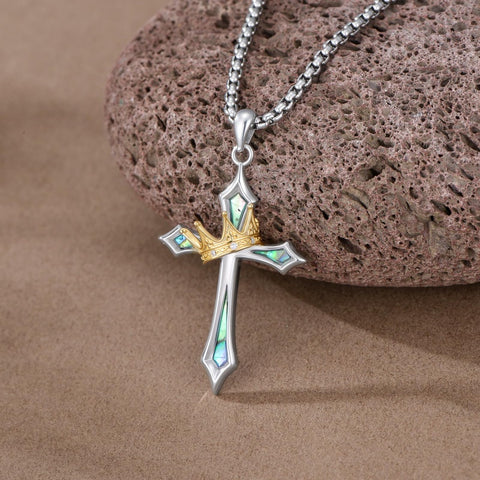 Sterling Silver Cross with Crown Pendant Necklace Religion Jewelry for Birthday Anniversary Day Christmas