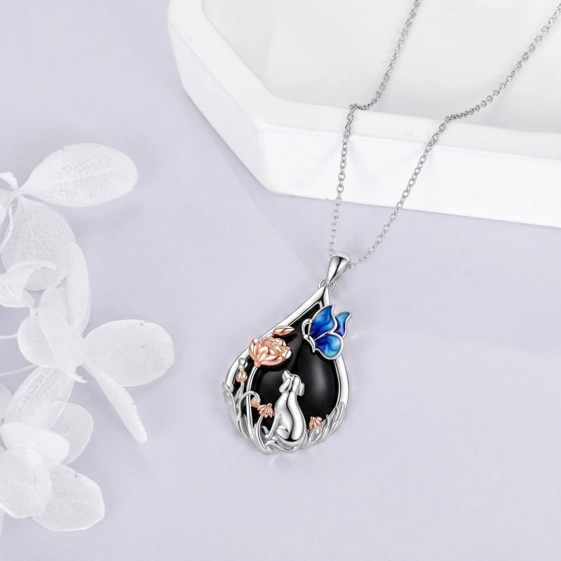 Sterling Silver Obsidian Bunny Cat Elephant Dog Fox Teardrop Pendant Necklace