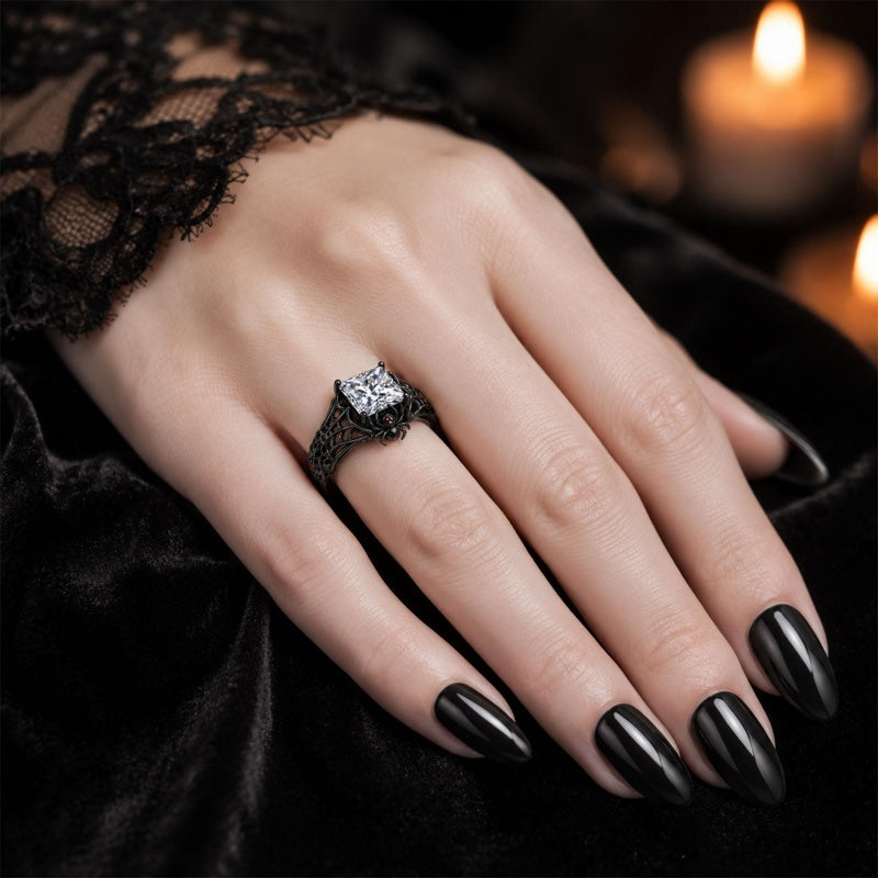 Sterling Silver 10K 14K 18K Gold Moissanite Gothic Black  Engagement Wedding Ring  for Women Halloween Gift