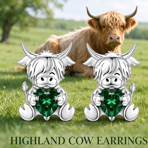 Sterling Silver 12 Month Birthstone Highland Cow Stud Earrings Christmas Gift