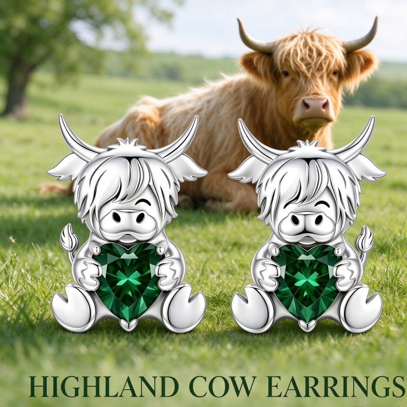 Sterling Silver 12 Month Birthstone Highland Cow Stud Earrings Christmas Gift