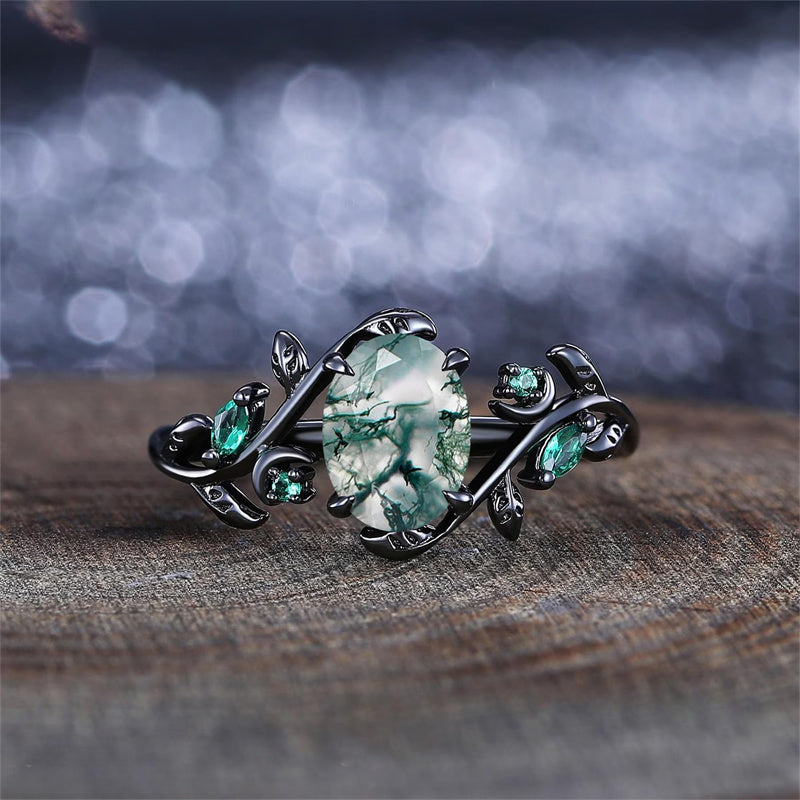 Sterling Silver 10K 14K 18K Gold Natural Leaf  Moss Agate Engagement Anniversary Couple Ring Sets