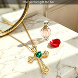 14K Gold Plated Heart Cut Cubic Zirconia Cross  Pendant Necklace For Women Religious Faith Jewelry