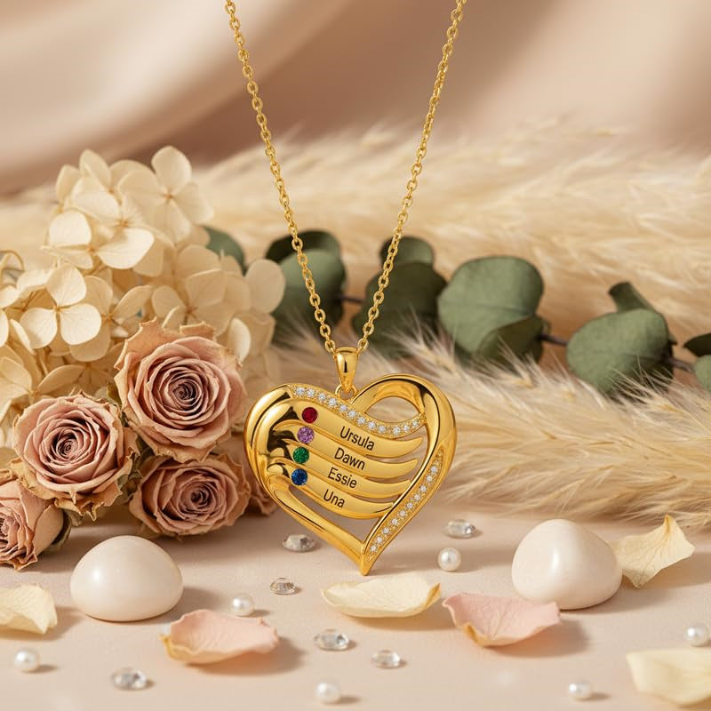 10K 14K 18K Gold  Personalized 1-4 Birthstones Engraved Heart Necklace for Women