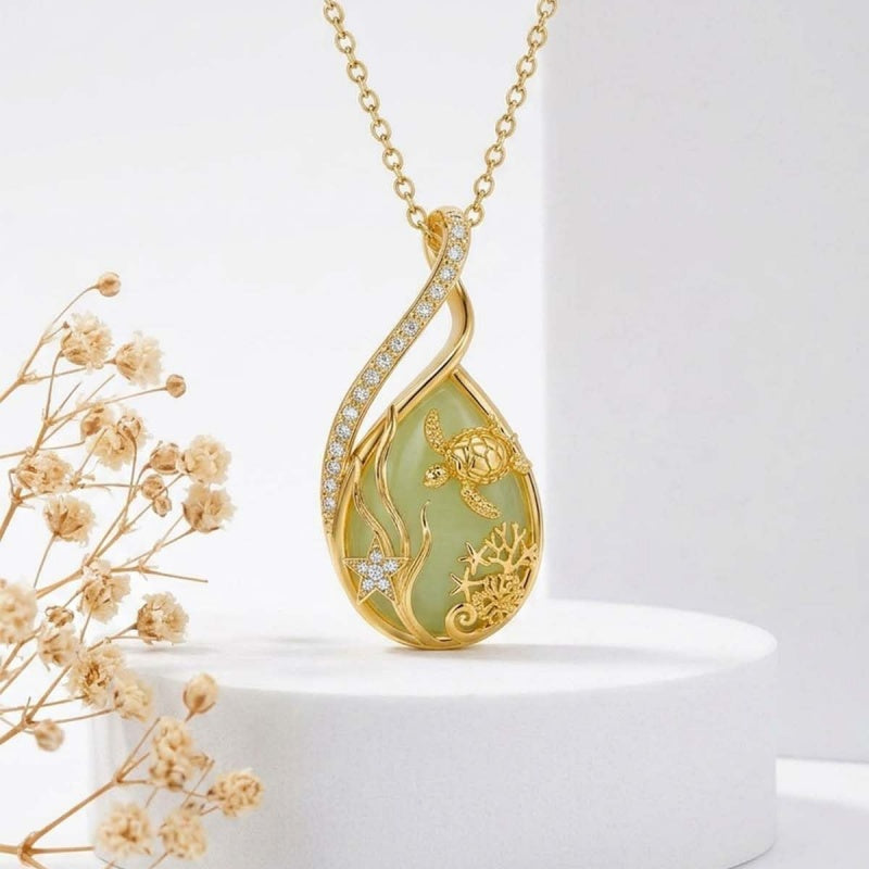 14K Gold Plated Jade Hummingbird Butterfly Dragonfly Turtle Animal Pendant Necklace
