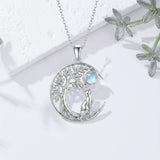 Sterling Silver Moonstone Tree of Life Wolf Cat Fox Rabbit Monkey Pendant Necklace Gift for  Birthday Christmas
