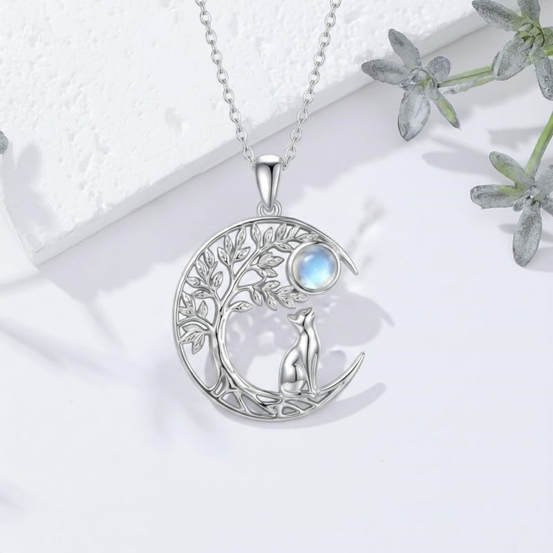 Sterling Silver Moonstone Tree of Life Wolf Cat Fox Rabbit Monkey Pendant Necklace Gift for  Birthday Christmas