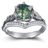 Sterling Silver Moss Agate Moonstone Branch Engagement Wedding Promise Ring  for Her