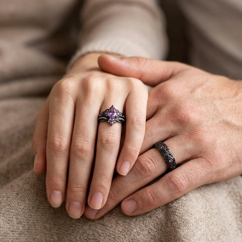 Sterling Silver 10K 14K 18K Gold Purple Gemstone Amethyst  Rings Set Couple Promise Rings Wedding Anniversary Rings