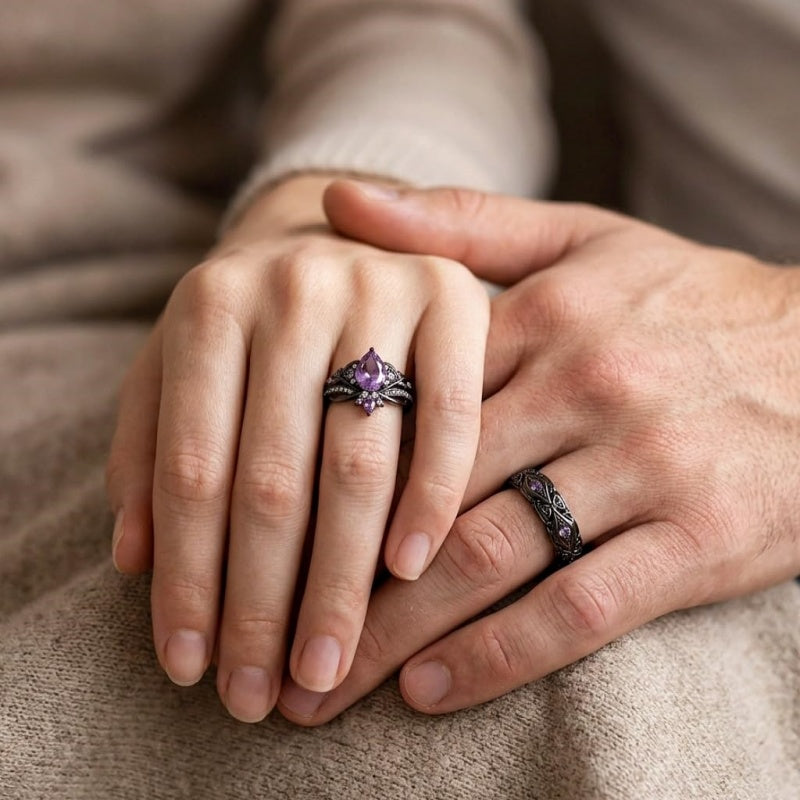 Sterling Silver 10K 14K 18K Gold Purple Gemstone Amethyst  Rings Set Couple Promise Rings Wedding Anniversary Rings