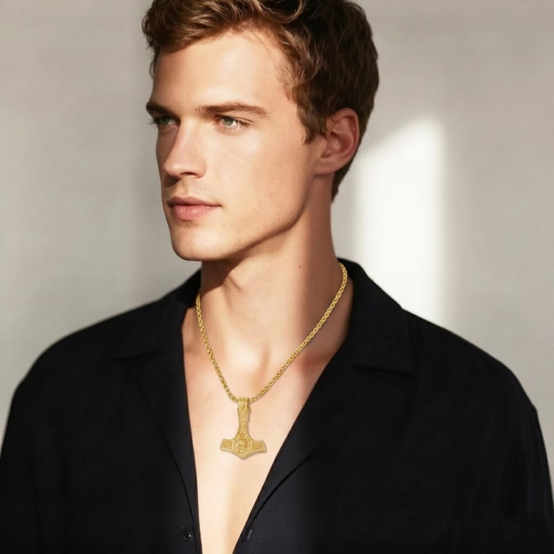 14K Gold Plated Celtic Knot Viking Thor Hammer Pendant Necklace