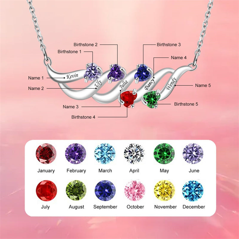 Sterling Silver Personalized Birthstone Name Wave Pendant Family Necklace