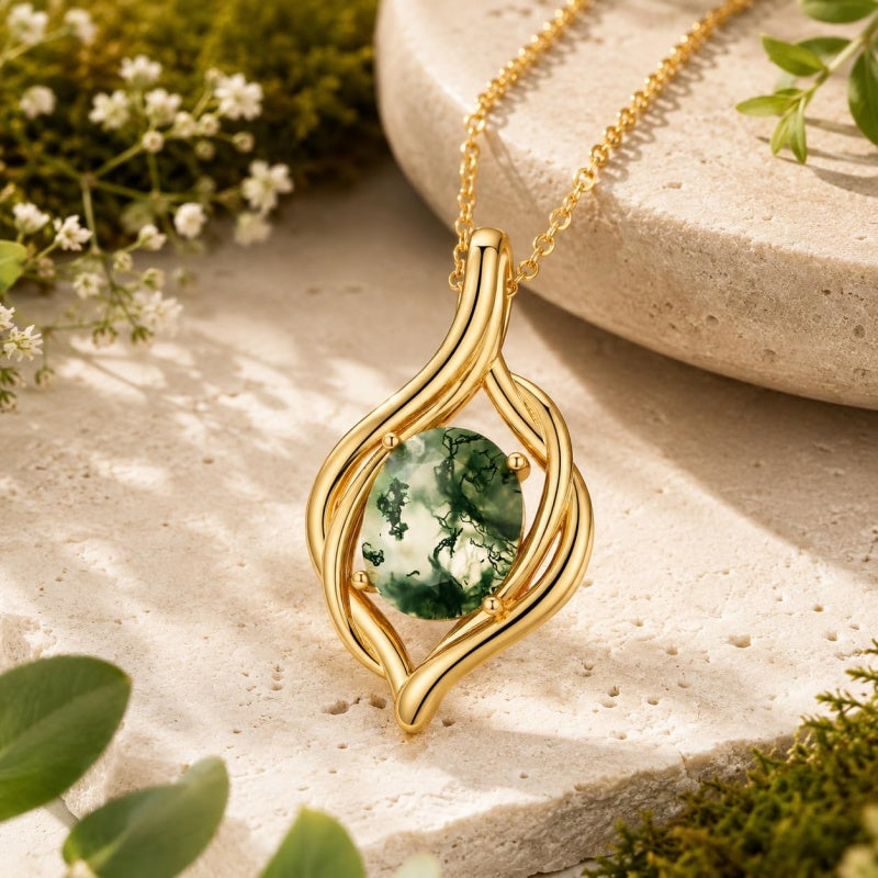14K Gold Plated Moss Agate Pendant Necklace Boho Jewelry for Women