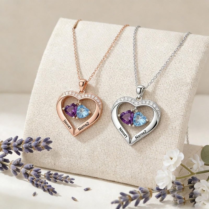 14K Gold Plated Personalized 1-5 Heart Birthstone Names Necklace  for Women