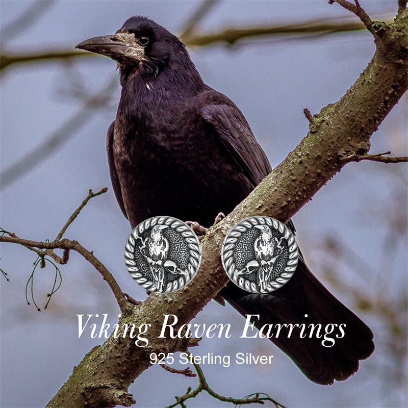 Sterling Silver Viking Raven Crow Skull Stud Earrings