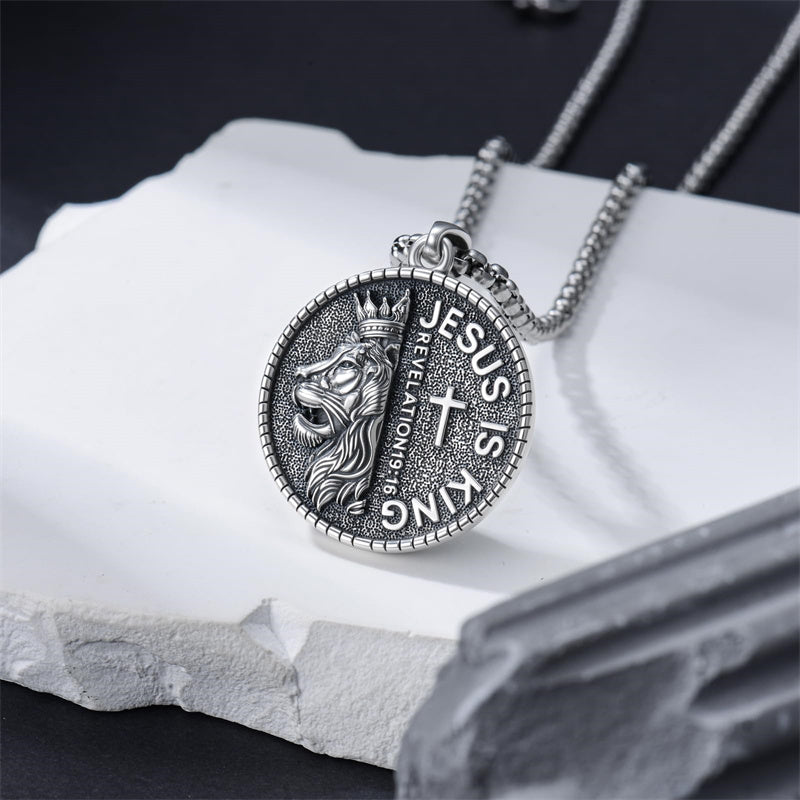 Sterling Silver Faith Bible Lion Pendant Necklace for Men