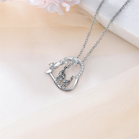 Sterling Silver Cubic Zircon Mother Daughter Mama Bear Giraffe Elephants Otters Penguins Heart Pendant Necklace