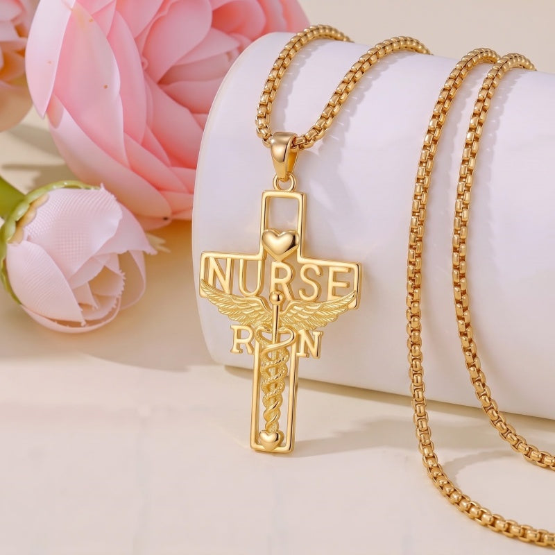 14K Gold Plated Stethoscope Caduceus Cross Pendant Necklace for Women