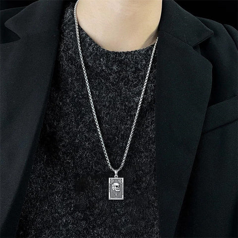 Sterling Silver Memento Mori Skull Pendant Necklace for Men