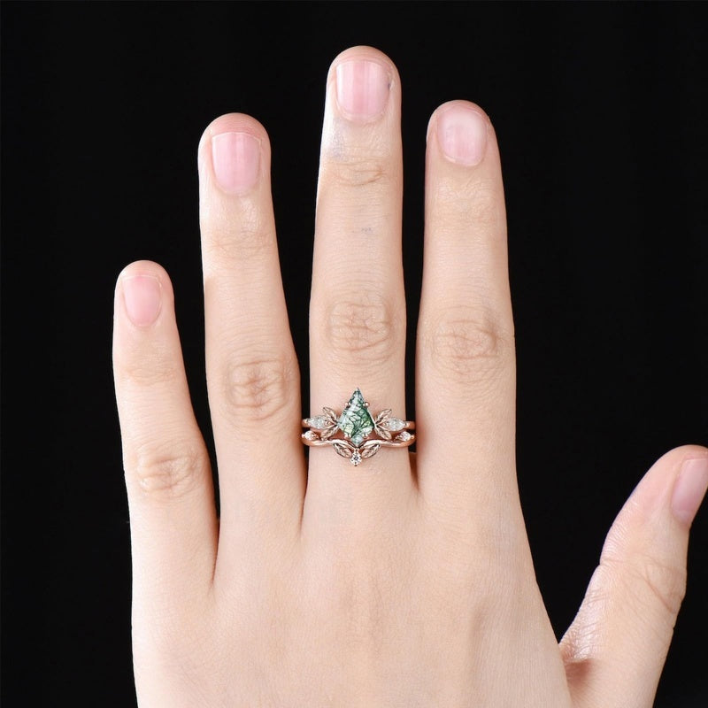 Sterling Silver 2CT Moss Agate  Engagement Wedding Ring Sets for Women
