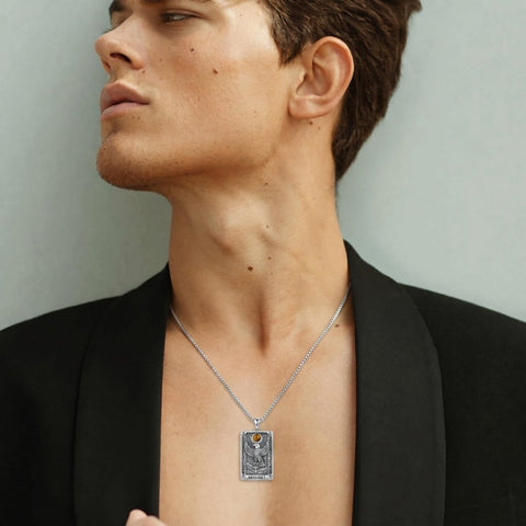 Sterling Silver Tarot Card Pendant  Necklace for Men Gothic Amulet Jewelry
