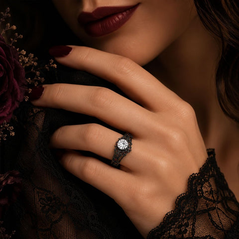 Sterling Silver 10K 14K 18K Gold Custom Engraved Moissanite Engagement Wedding Ring Halloween Gift