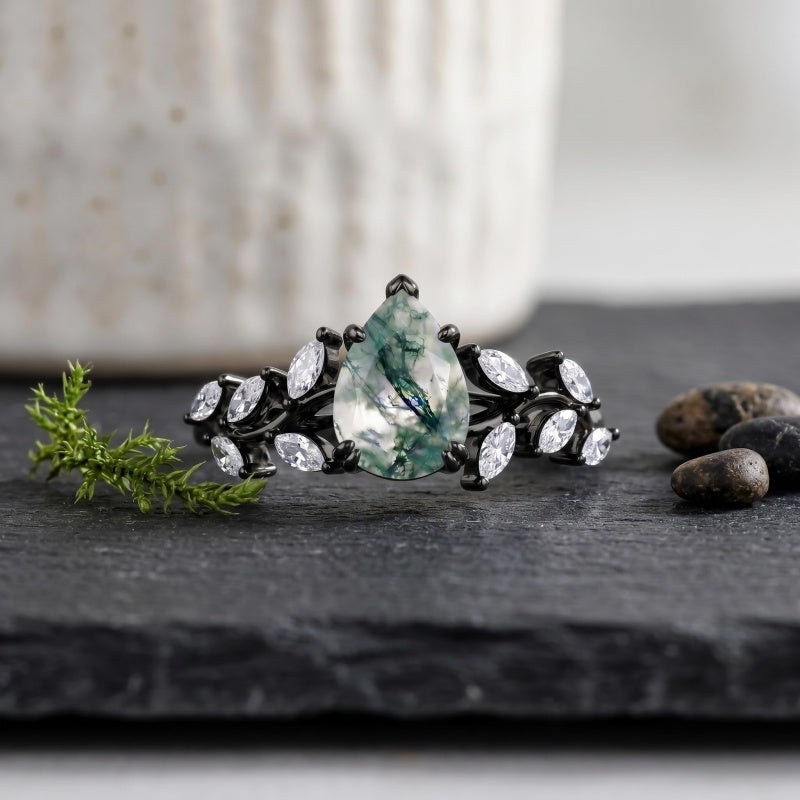 Sterling Silver 10K 14K 18K Gold 1-4CT Moss Agate Engagement Ring Promise Ring