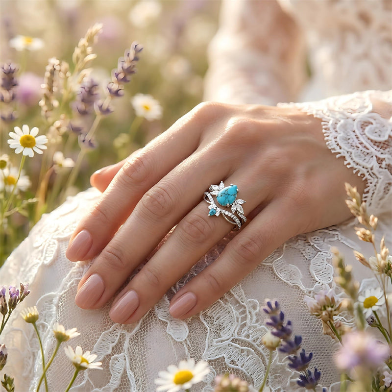 Sterling Silver Personalized Engraved 1-3CT Turquoise Engagement  Wedding Promise Ring Set for Her