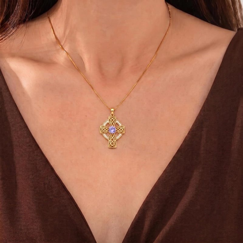 14K Gold Plated Birthstone Celtic Knotwork Cross Necklace for Women