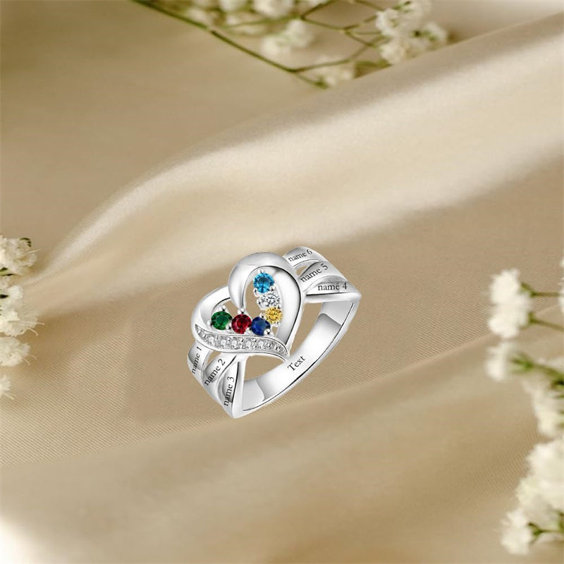 10K 14K 18K Gold Personalized 1-6 Stones Engraved Heart Mother Ring for Mother's Day