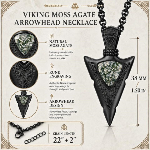 14K Gold Plated Moss Agate Turquoise Valknut Viking Arrow Head Pendant Necklace for Men