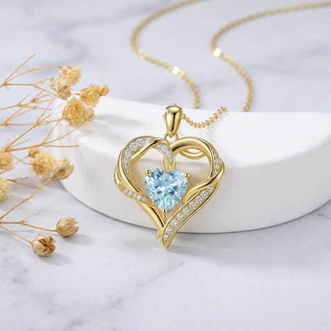 14K Gold  Plated 12 Months Birthstone Forever Love Heart Necklace Birthday Anniversary Wedding Gift