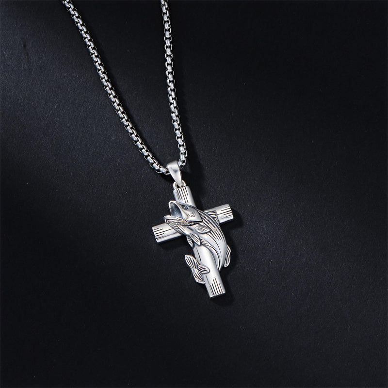 Sterling Silver Bass Fish Cross Pendant  Necklace for Men