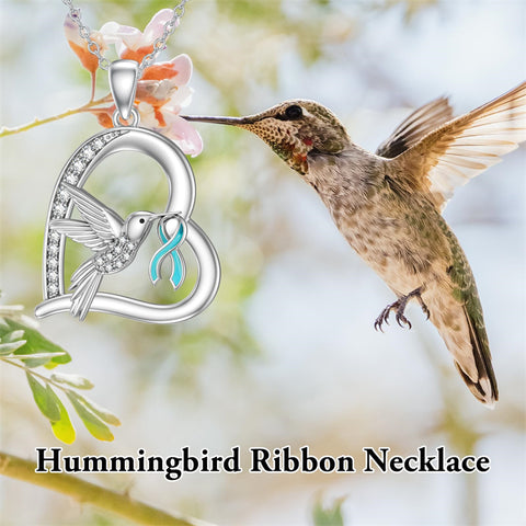 Sterling Silver Cubic Zircon Hummingbird Cancer Awareness Pendant Necklace Gifts for Women