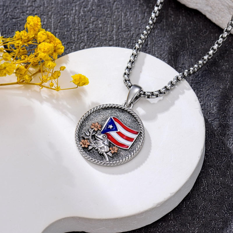 Sterling Silver Frog Flag Puerto Rico Pendant Necklace