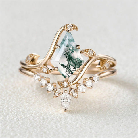 Sterling Silver 10K 14K 18K Gold Personalize Engraved Moss Agate Engagement Rings for Women