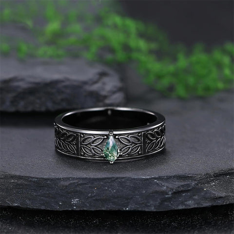 Sterling Silver 10K 14K 18K Gold Natural Leaf  Moss Agate Engagement Anniversary Couple Ring Sets