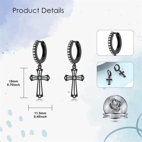 Sterling Silver Black Sword Cross Hoop Earrings Gift for Men Women